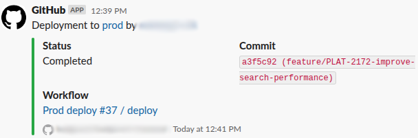 Slack message from DeployBot showing a successful production deployment with commit details and migrations applied