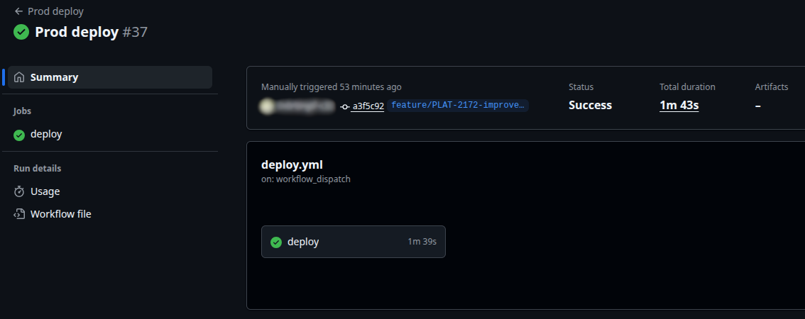 GitHub Actions workflow showing a successful production deployment