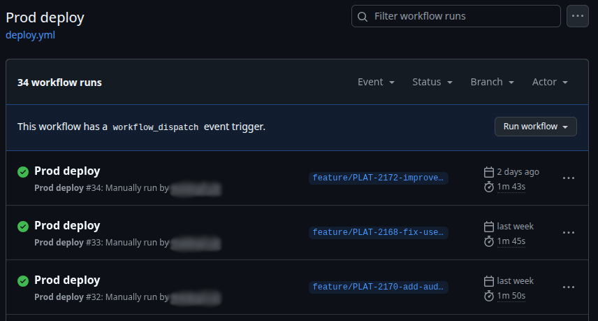 History of recent production deployments in GitHub Actions showing all successful runs