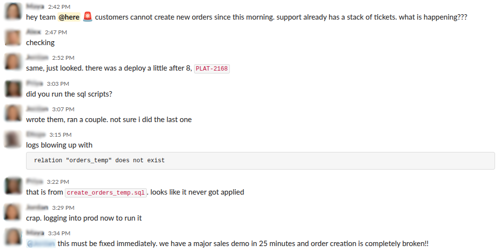 Slack conversation showing a missed manual SQL migration after a production deploy, leaving order creation broken for hours