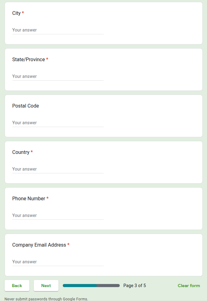 Step 3 of 5 in the old signup flow showing a Google Form asking for city, country, and contact details.