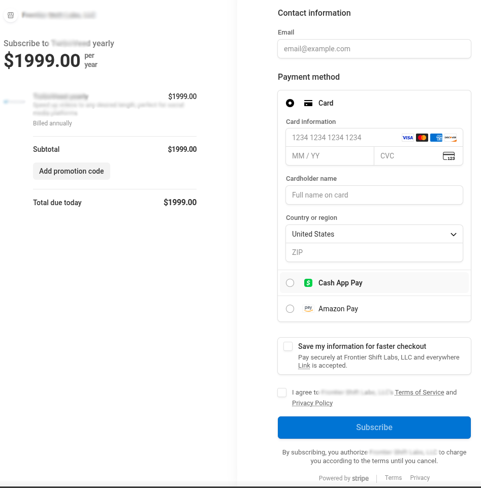 Stripe Checkout page showing plan selection and card payment fields for instant account creation.