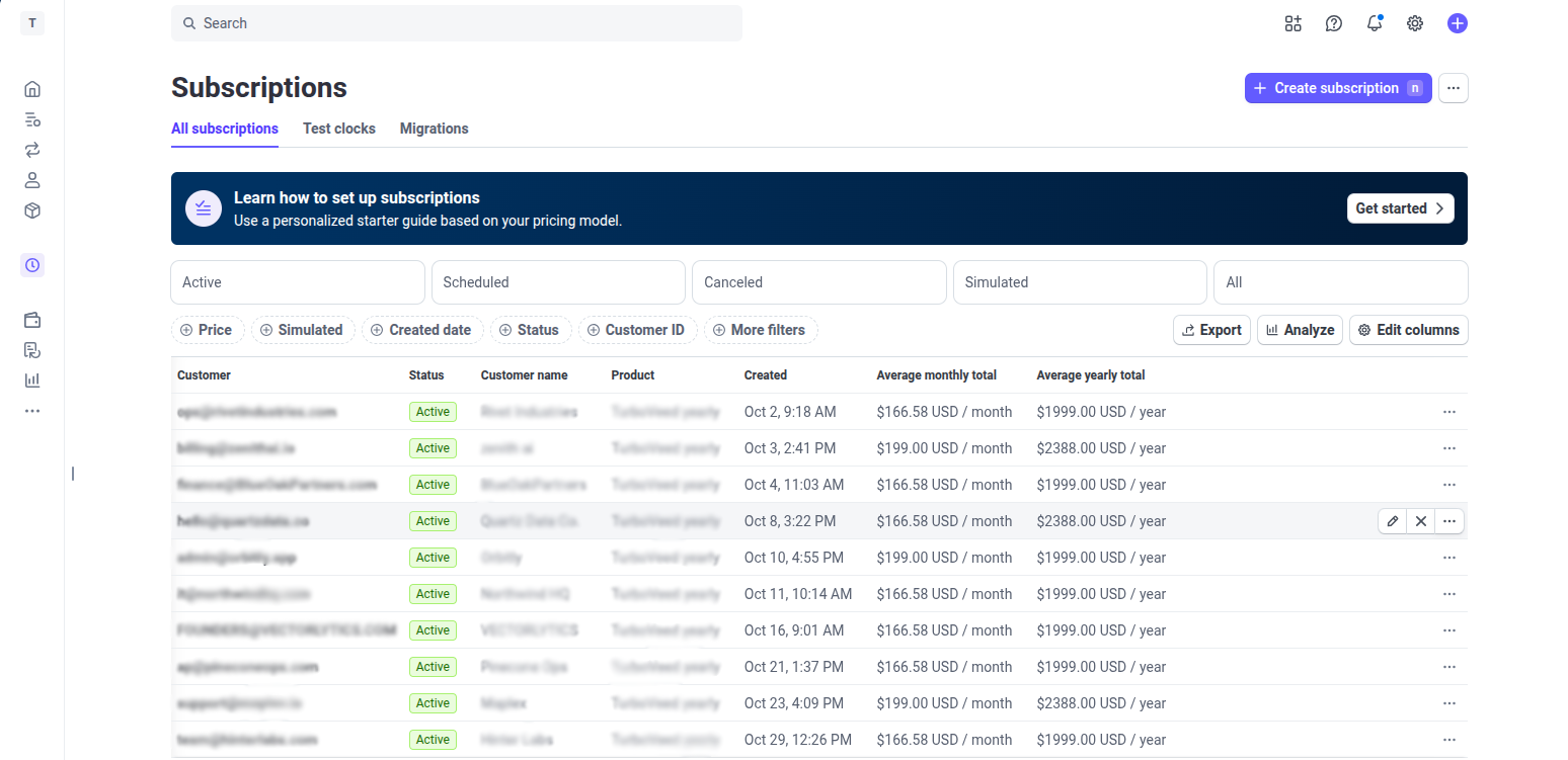 Stripe Subscriptions dashboard listing active customer subscriptions created automatically after checkout.