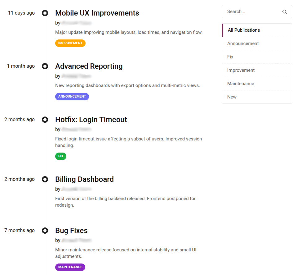 Product changelog showing a long quiet period followed by steady, frequent releases.