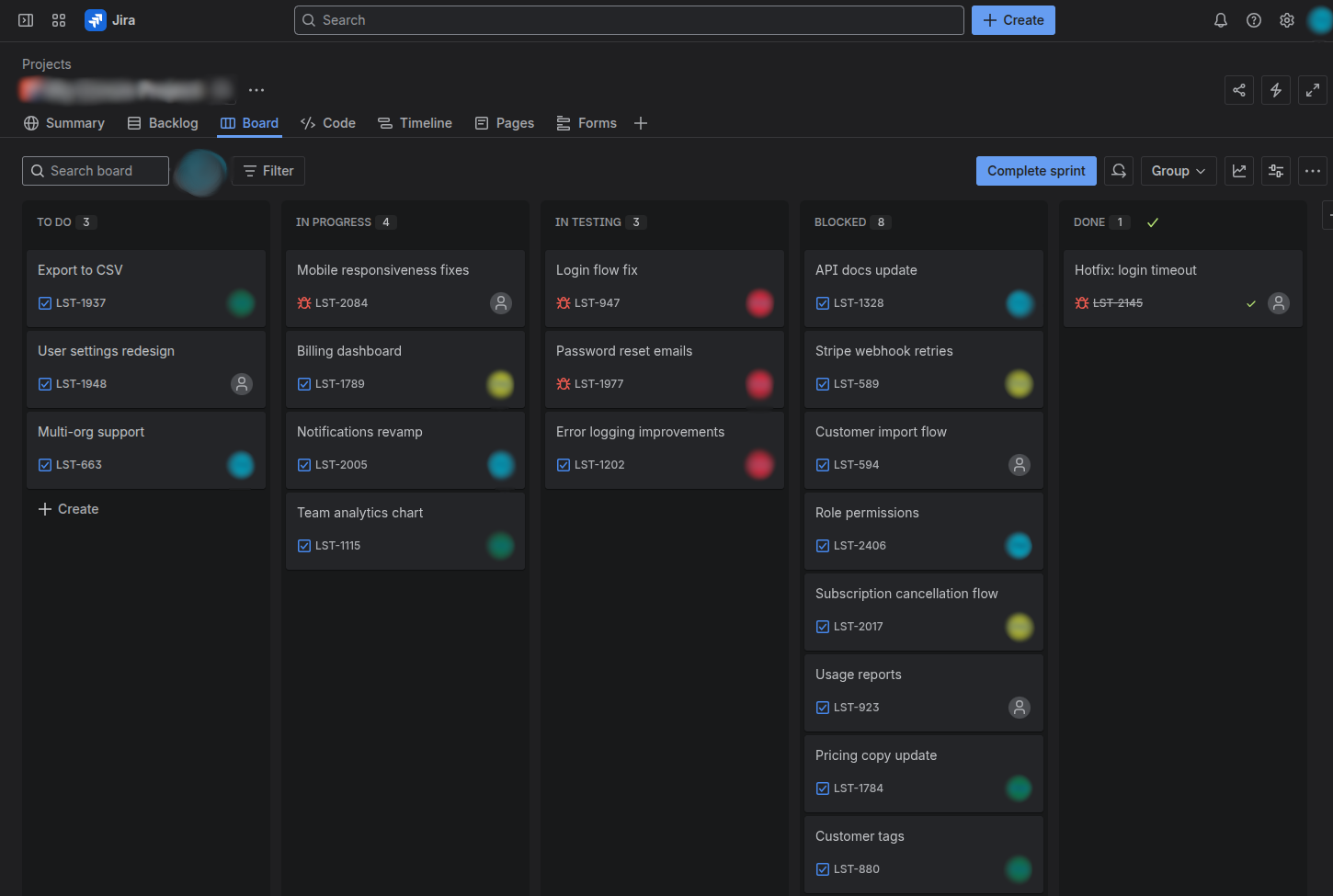 Jira board showing most work stuck in progress or blocked columns.